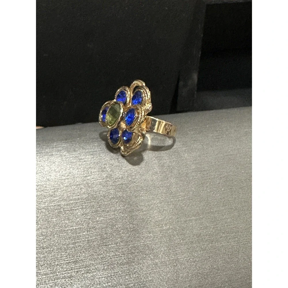 Vintage Blue Green Glass Flower Floral ‎ Adjustable Statement Ring